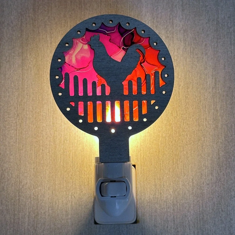 Rooster Handmade Night Light Alcohol Ink Purple Red Farmhouse Wall Plug-In - Picture 2 of 7